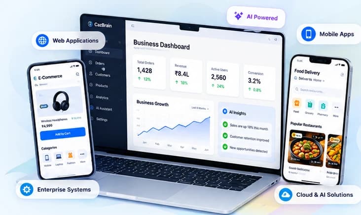 Illustrated e-commerce, delivery and business analytics software interfaces